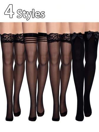 4 Pairs Of Women's Bow High Socks, Charming Elastic Lace Stitching Over The Knee Women's Socks