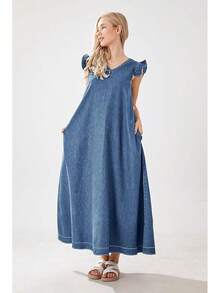 Womens Long Dress Casual Loose Fit Ruffle Sleeveless Jean Maxi Dresses Women 2025 - 藍色 - 查看 4
