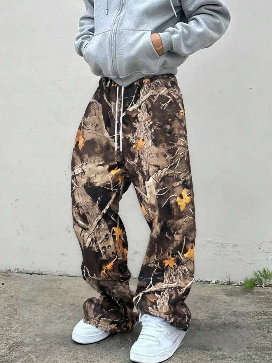Men's Fashionable Street Y2K Style Jungle Camouflage Pattern Drawstring Waist Long Pants - Rust Brown - View 1