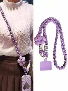 1pc Flower Braided Phone Lanyard Strap, Long Detachable Shoulder Strap For Outdoor Use, Sturdy Anti-Lost Strap With Bead Decoration, Comes With Pad