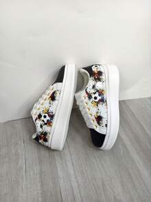 2025新款足球元素厚底增高黑白鞋，迷彩涂鸦情侣休闲运动鞋，时尚百搭运动休闲平底鞋 - 白黑色 - 查看 1