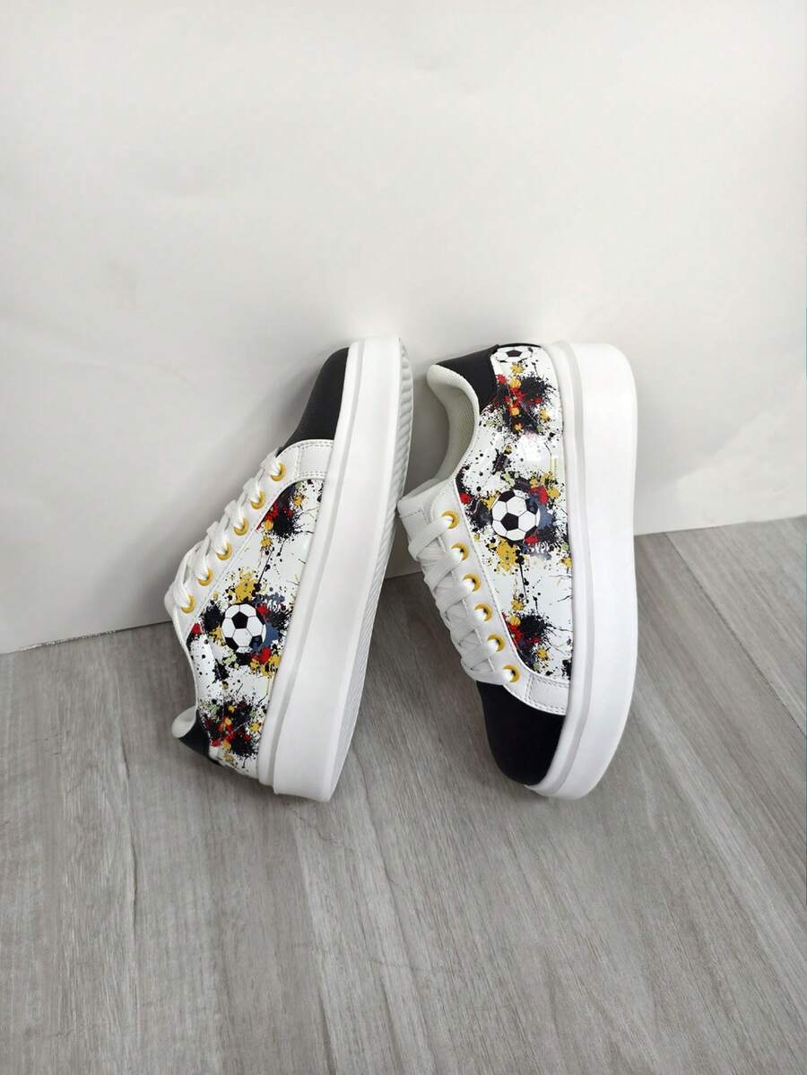 2025新款足球元素厚底增高黑白鞋，迷彩涂鸦情侣休闲运动鞋，时尚百搭运动休闲平底鞋 - 白黑色 - 查看 1