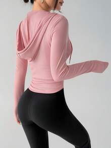 Jachetă de yoga nouă pentru femei, cu glugă, fermoar, buzunare, croială strâmtă, elastică, cu uscare rapidă, jachetă de fitness înfrumusețatoare, mânecă lungă, orificiu pentru degetul mare, elasticitate ridicată, lavabilă la mașină, jachetă de antrenament în culoare solidă, potrivită pentru sală, exerciții în aer liber și ținute casual - Roz - Vizualizare 2