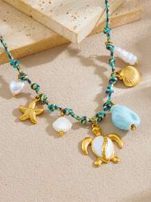 1 Creative, Personalized, Multi Colored Braided Rope Chain Necklace With Gold-Plated Circle, Geometric Shape, Sun Flower, Conch Pendant, Stainless Steel Collarbone Chain