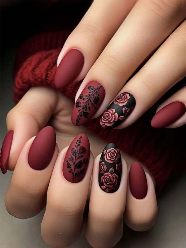 24 pièces de faux ongles courts en forme d'amande, motif imprimé rétro rouge vin rose en forme d'amande. Patch d'ongles portables, ensemble d'ongles détachables entièrement couverts, convient pour le port quotidien lors de fêtes et de bals