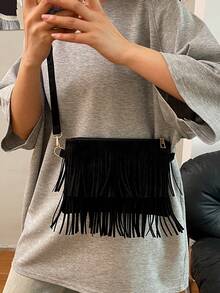 1 pieza Bolso bandolera de uso casual y versátil de moda con cremallera suave de PU negro, decoración con borlas, adecuado para uso diario de mujeres - Negro - Ver 2