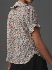 Women Y2k Puff Sleeve Peter Pan Collar Shirt Tops Button Down Boho Floral Print Ruffle Blouse Summer Cotton Babydoll Top - 紅白色 - 查看 3