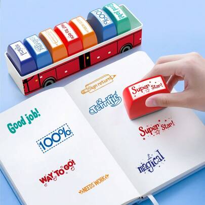 8 件趣味巴士印章套装、英文鼓励短语、教师和家长奖励工具、家庭作业批改、计划表装饰、彩色励志短语、课堂必备