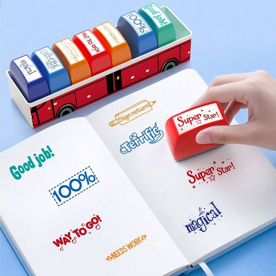 8 件趣味巴士印章套装、英文鼓励短语、教师和家长奖励工具、家庭作业批改、计划表装饰、彩色励志短语、课堂必备 - 均碼 - 查看 1