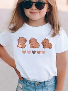 Simple Colorful Children's Casual Short Sleeve T-Shirt Ideal For Girls Cotton Custom Capybara Print - 白色 - 查看 1