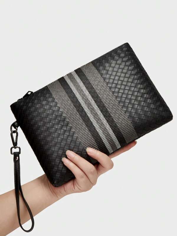 Men's Fashion Woven Texture Clutch Bag - PU Stripe Handbag Document Bag Black Business Handbag