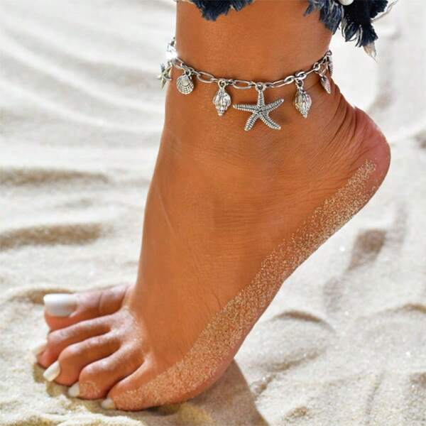 1pc Boho Sea Star Anklet, Silver Shell Adjustable Beach Anklet, Women Jewelry