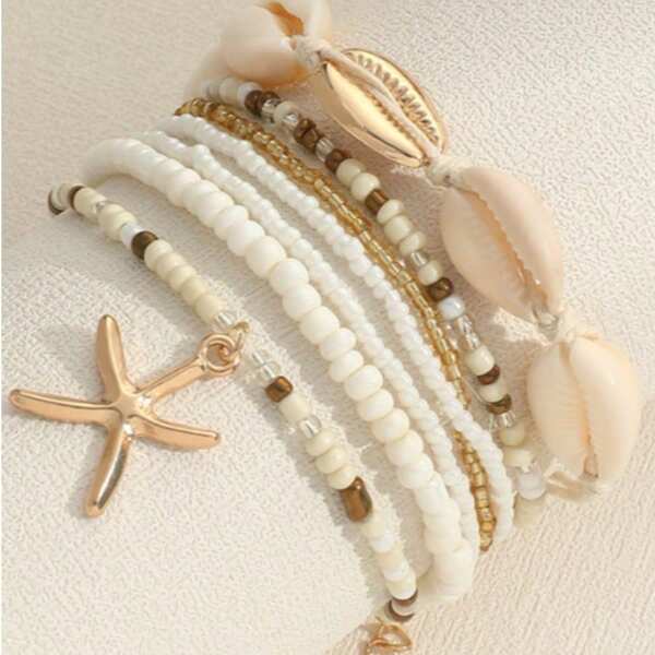 7pcs/Set Bohemian Style Rice Pearl Shell Starfish Element Women Anklets Summer Beach Resort Outdoor Party Accessories