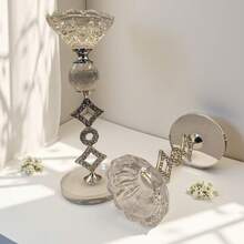 1pc Classic Crystal Candlestick. Direct From Manufacturer: Alloy Silver High-Low Candlestick, Buddhist Offering Ghee Lamp Candlestick Ornament. - Silver Trumpet - View 3