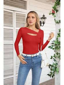 Womens Fashion Fall Cutout Long Sleeve Ribbed Slim Fitted Tops Shirts Tee Tshirts - Long-red - View 3