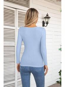 Womens Fashion Fall Cutout Long Sleeve Ribbed Slim Fitted Tops Shirts Tee Tshirts - Long-light Blue - View 4