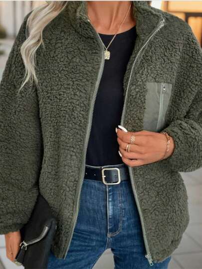 Chaqueta con cremallera de forro polar de franela tipo teddy cómoda para mujer, con cuello alto, manga larga, forro cálido, longitud regular, adecuada para otoño/invierno