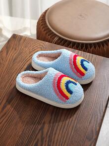 Girls' Cute Rainbow Multi-Color Plush Slippers, Warm For Indoor & Outdoor Activities, Suitable For Autumn/Winter - Blue - View 4