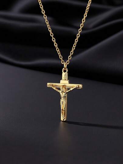 Men's Jesus Cross Necklace, Retro 18K Gold Plated Stainless Steel Necklace, Vintage Gothic European And American Fashion Jewelry For Men, Suitable For Daily Wear, Party, Birthday, Christmas Gift