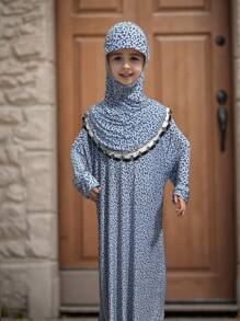 5-13 Years Old Muslim Girls' Abaya Dress (Multiple Colors Available), Traditional Arabic Style Habaya, New Fashionable Muslim Girls' Outfit, Breathable Loose Pink Floral Design With Headscarf (Multiple Colors Available)