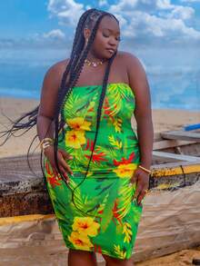 CurvyTilda 夏季加大码热带印花露肩连衣裙、沙滩裙、太阳裙、波西米亚风度假装 - 彩色 - 查看 4
