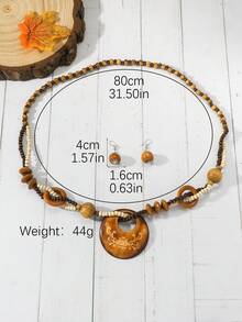 2件套波西米亚风格复古木质长链项链，欧美时尚 - 棕色 - 查看 7