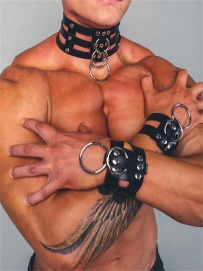 PU-Leder Herren Geschirr Halsband Handschellen Kostüm Kragen Festival Rave Tragen Accessoires Gothic Punk Armband (Es gibt einen leichten Geruch, der sich nach einer Weile Belüftung verflüchtigt)