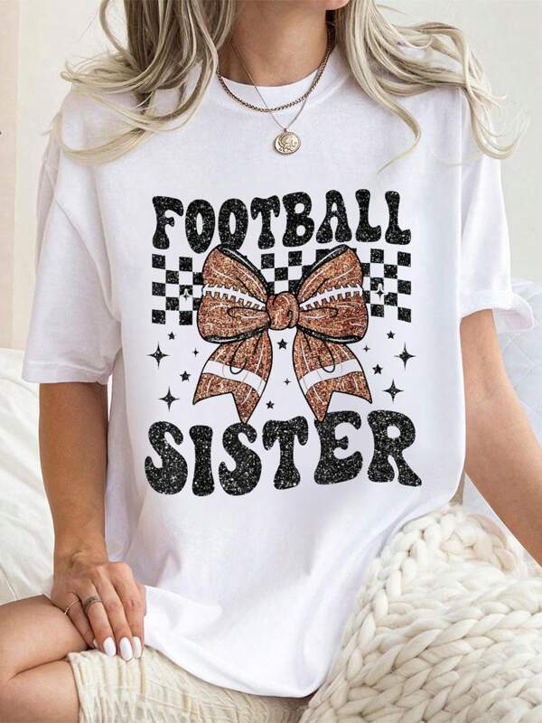 Coquette Bow American Football Sister Game Day Thanksgiving T-Shirt Cotton Graphic Tee For Women, Round Neck Short Sleeve Casual Tops