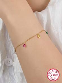 1 Pc S925 Sterling Silver Bracelet Necklace Artificial Zirconia Water Drop Geometric Shape, Fashionable And Elegant Bohemian Style Daily Wear Jewelry - Multicolor - View 10