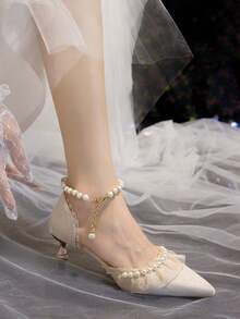 女士珍珠装饰尖头细高跟鞋，百搭时尚新娘凉鞋