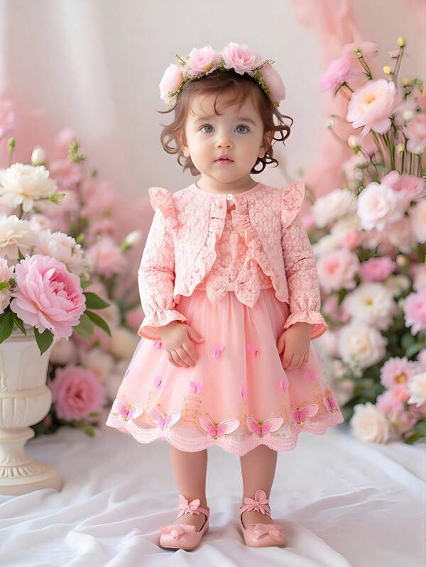 3pcs New Customized 3D Butterfly Embroidery Mesh Dress   Lotus Leaf Edge Texture Sleeveless Short Cardigan With Bow T Hairband Set For Baby Girl Spring Autumn