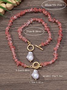 女士绿松石碎片和巴洛克珍珠首饰套装，包含 2 件简约合金时尚配饰 - 项链和手链套装，适合日常佩戴