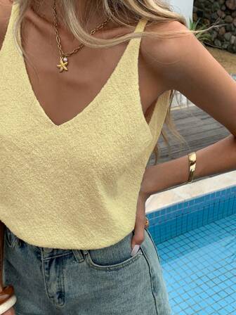 女士休闲优雅背心 - 柔软不起球 V 领无袖上衣，褶边设计，春夏秋季中度弹力 H 型，百搭分层单品，适合休闲外出和社交活动，无袖背心，社交活动服装，抗起球面料/半透明