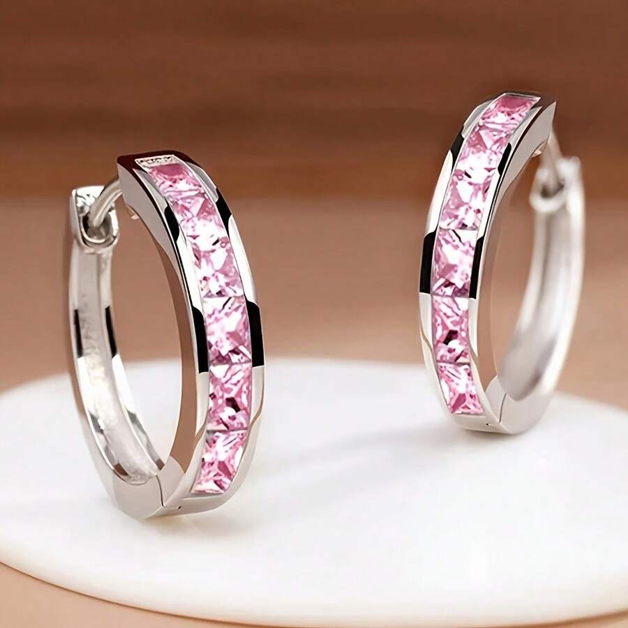 Women's Fashion Hoop Earrings - Elegant Design, Plated White K Copper With Synthetic  - All Season Wear| Nickel-Free & Hypoallergenic| Sparkling Cubic Ia For Daily & Party - Bạc và hồng - Xem 1
