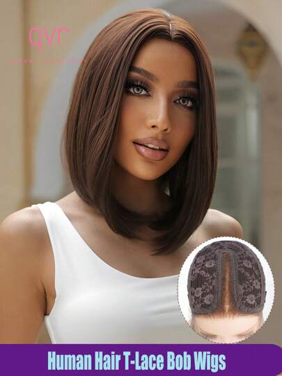 QVR QUEEN VIRGIN REMY Peruca Lace Front Bob de Cabelo Humano 100% QVR com Cabelo de Bebê, Cabelo Virgem Remy, Repartição Central, Peruca de Renda Natural, Linha do Cabelo Natural, Cor Marrom Escuro, Peruca Sem Cola para Mulheres