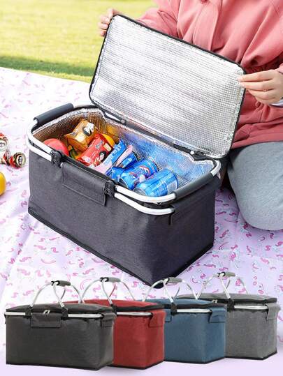 1pc Foldable Nylon Picnic Bag, Outdoor Travel Insulated Lunch Tote Bag, Portable Food Cooler Basket With Handle