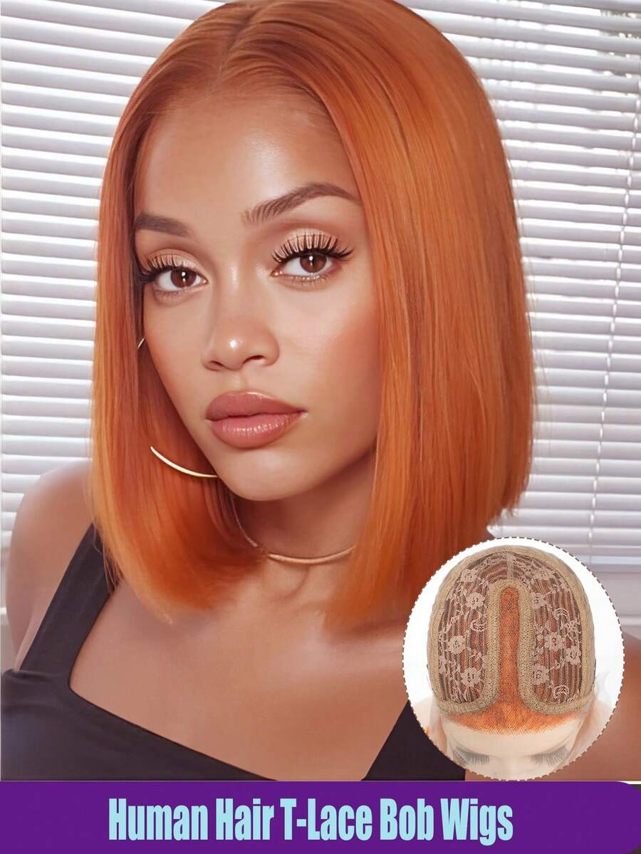 QVR QUEEN VIRGIN REMY Tóc giả bobo ren phía trước kiểu T-part 100% tóc thật, có tóc con, tóc Remy nguyên chất, tóc giả ren rẽ ngôi giữa, đường chân tóc tự nhiên, tóc giả màu cam không cần keo dán, dành cho nữ. - trái cam - Xem 1