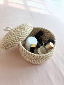 Woven Round Lidded Desktop Organizer Box, Handmade Household Storage Basket For Fruit, Cosmetics - Apricot - View 3