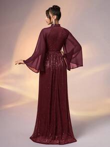 YISIKADO 女士优雅高领亮片撞色雪纺喇叭袖长款晚礼服，适合正式宴会、婚礼宾客、毕业典礼、春季派对等场合。 - 酒紅色 - 查看 3