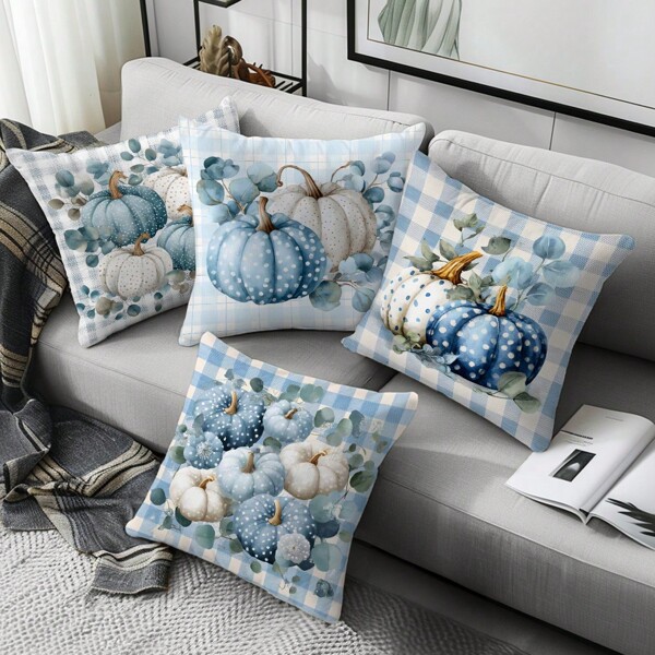 4pcs Blue White Checkered Pumpkin Throw Pillow Covers, 45*45cm Soft Peach Skin Material Cushion Covers For Sofa, Single-Sided Print With Zipper Closure For Various Room Types, Room Bedroom Living Room Home Couch Decor, Decorative Pillows Case(Insert Not Included)