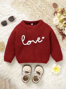 Baby Girl Delicate Sweater, Creative Handmade "LOVE" Letter Embroidery, Round Neck Long Sleeve, Casual Minimalist, Sweet & Fashionable, Comfortable For Baby, New Style - Red - View 2