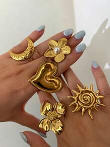 Monlansher New Stainless Steel Open Finger Rings For Women, Exaggerated Metallic Floral, Heart, Moon, Sun Flower & Mixed Elements Fashion Ring, Personalized , Suitable For Daily, Casual, Party, Single Or Stacked Wear - 金色 - 查看 10