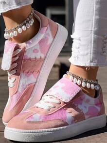 Women's Pink Casual Sneakers, Lace-Up Comfortable & Lightweight Flat Shoes, College Style, Suitable For Spring & Summer, Plus Size - 粉色 - 查看 5