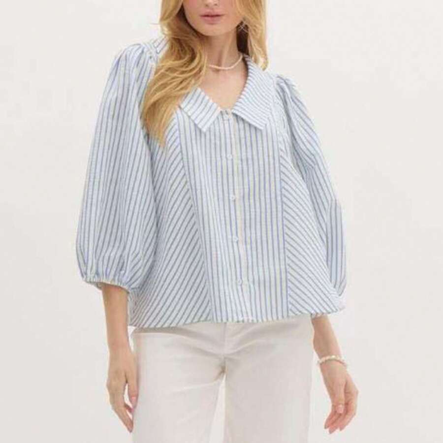 Women's Striped Button Down Shirt Smocked Long Puff Sleeve Oversized Boyfriend Blouse Loose Pocket Office Work Top - Màu xanh da trời - Xem 1