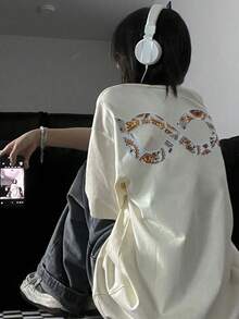 重磅 100% 纯棉时尚品牌印花宽松休闲短袖 T 恤，夏季甜美风格，百搭上衣 - 杏色 - 查看 3