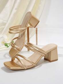 Sandalias de tacón alto con tira gruesa de piel sintética de unicolor, elegante punta cuadrada, estilo minimalista y elegante para oficina, boda y fiesta en verano - Dorado - Ver 7