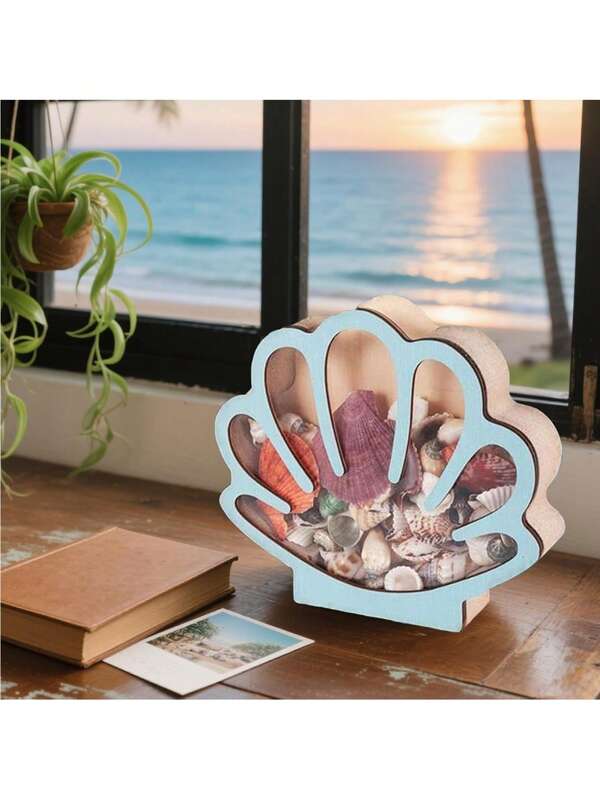 1pc Shell Storage Box Desktop Tray Decor Shell Wooden Box Transparent Display Box With Small Starfish & Shark Tooth Shells Collection Box, Home Decor
