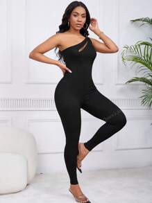 Cutout Front Sleeveless Oblique Shoulder Form-Fitting Jumpsuit, Casual Sports Style, Summer New Arrival