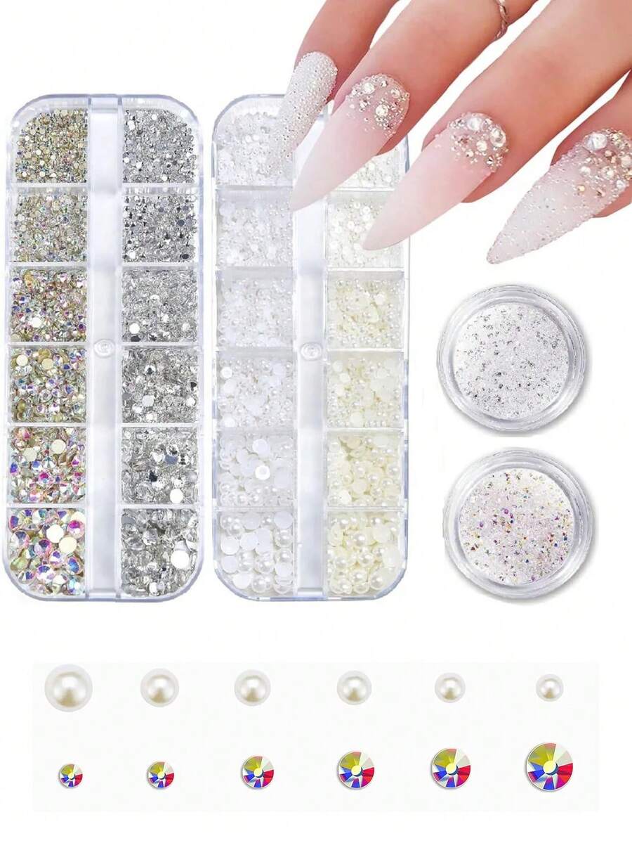 4 Boxes Nail Rhinestones 1.5mm-5mm 3D Nail Art Glass Crystal AB + Clear Nail Stones Gems Pearl Crystal Strass 3D Charm Gems Nail Multi-Shape 3D Nail Diamonds For Nail Art And DIY Decoration Nail Art Rhinestones Flatback Rhinestones Pearls Nail Charms For Acrylic Nails Crystals Nail Art Supplies Half Round Design Nail Gems - 彩色 - 查看 1
