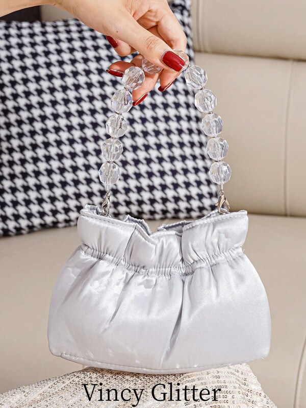Silver Party Clutch Bag With Shiny Pearls, Ladies' Handbag, Suitable For Parties, Dates, Outings, Versatile & Fashionable